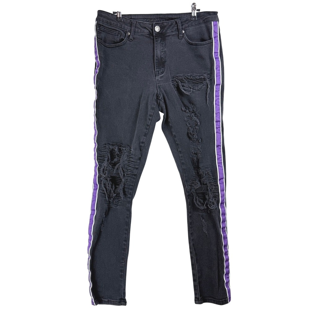 Rue21 Mens Slim Taper Supreme Flex Distressed Black Jeans Purple‎ Side Stripe